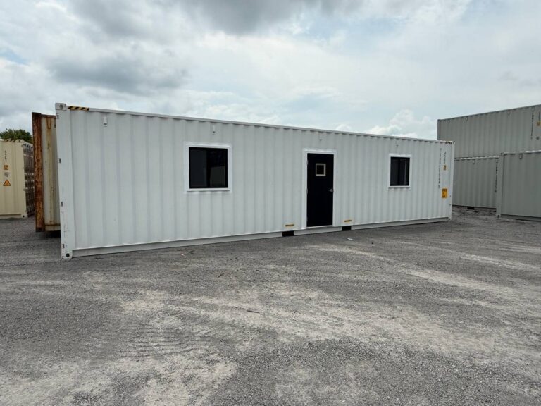 40 ft office container exterior with steel door and sliding windows
